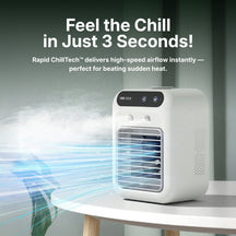 LivinH Portable Mini air cooler with text 'Feel the Chill in Just 3 Seconds!' on a neutral background