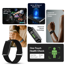 Qorfit pulse smart health tracker with various features highlighted on a white background